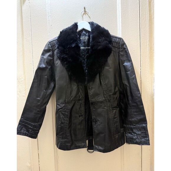 Genuine Leather Black Belted Vintage Jacket Faux Fur Collar Coat Women SZ Small - Picture 2 of 14